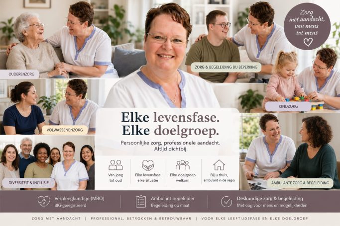 Verschillende zorgverleners in interactie met ouderen en jongere cliënten.